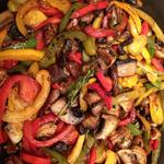 Summer sauté of peppers and wild mushrooms (for grilled sausage sandwiches)